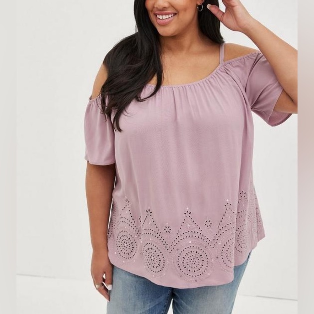 Torrid Challis Cold Shoulder Blouse Eyelet Trim Elderberry Purple 3X